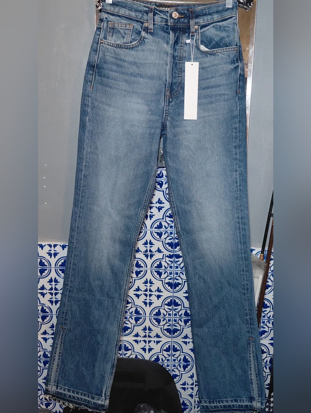 NWT EB Denim Size 25 Distressed Pocket Button Fly Split Hem Rigid Cotton JeansXS